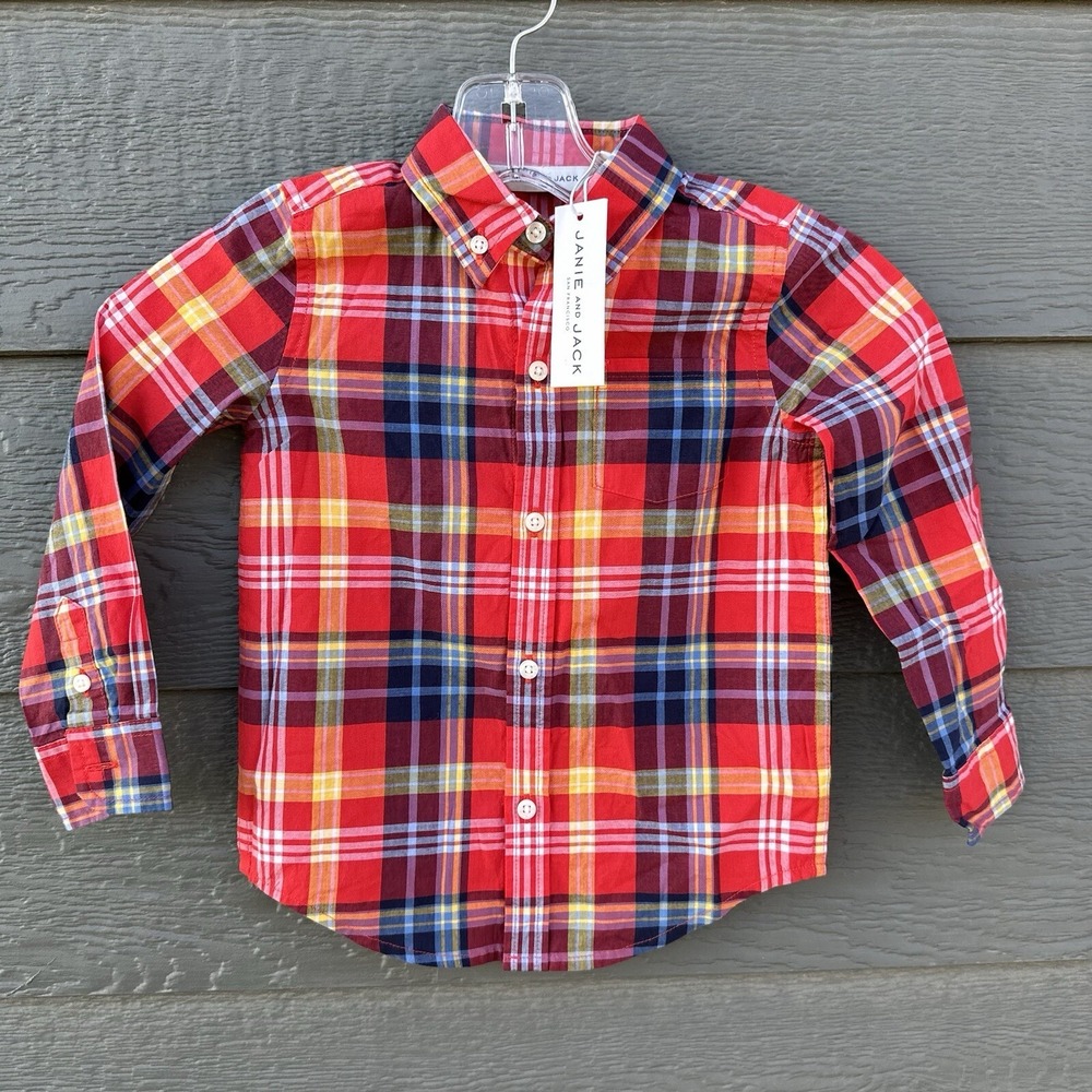 NWT Janie And Jack Toddler Plaid Button Down Long Sleeve Dress Shirt Kids Size 3